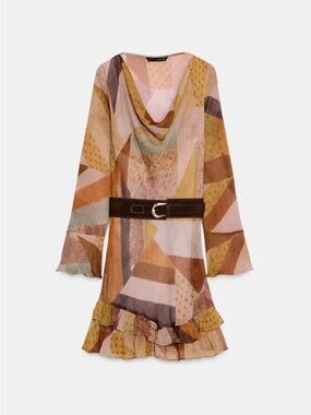 Zara Multicolor Geometric Print Long Sleeve Dress with Brown Belt